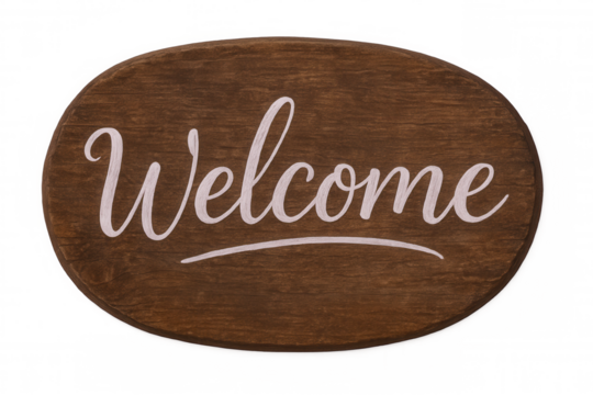 Oval wooden welcome sign with white lettering on a transparent background, perfect for greeting guests - Powered by Adobe