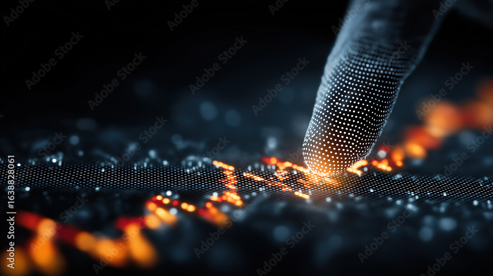 Poster digital business data analysis with hand indicating trends on a technology display