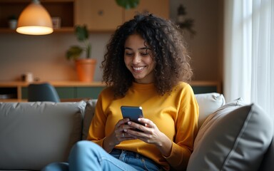 Young freelance business woman sitting on couch sofa using mobile phone application for work remotely, chatting online. Latin hispanic girl holding gadget in apartment home with cozy modern interior