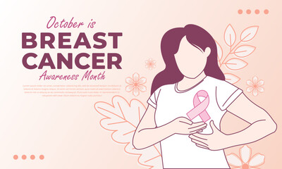 Flat design vector illustration of a woman for breast cancer awareness month. Woman with pink ribbon