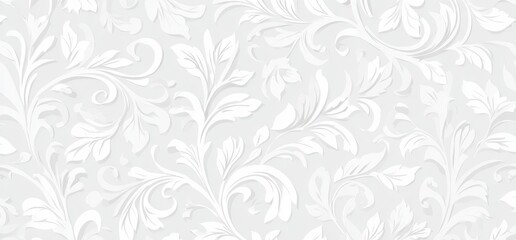 Elegant, repeating white floral pattern on a light gray background.  Delicate, swirling vines and leaves create a textured, embossed effect