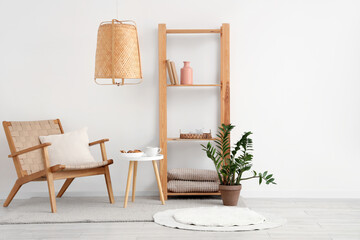Interior of white living room with cozy armchair, houseplant and shelving unit