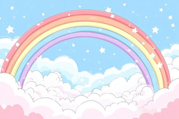 Pastel rainbow, clouds, and stars.  A whimsical, lighthearted scene of a rainbow spanning a soft pastel sky filled with fluffy clouds.  Small stars and bubbles are scattered throughout
