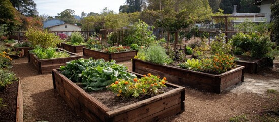 Raised garden beds filled with vibrant vegetables and flowers