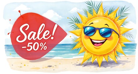 Summer Sale Vector Style Banner Design with Beach Background