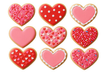 Collection of Nine Heart-Shaped Cookies with Diverse Icing and Sprinkles, Perfect for Celebrations and Sweet Treats