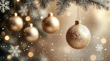 Golden christmas ornaments hanging on a fir branch with animated falling snow, a magical, festive holiday background with soft bokeh. - Powered by Adobe
