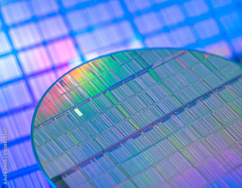 Poster silicon wafer precision: an intricate close-up of a silicon wafer, showcasing its microscopic circui