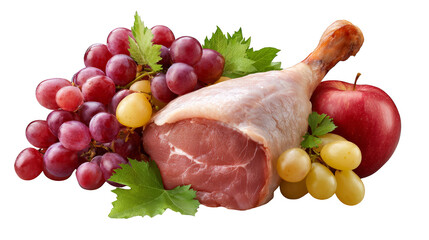 A culinary still life masterpiece showcasing a delectable piece of roasted chicken a cluster of red grapes and a large bunch of green grapes arranged artfully for a gourmet presentation.