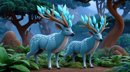 Two crystal antlers deer in a forest scene