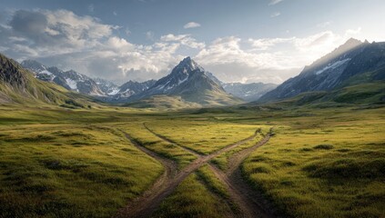 Mountain valley vista; two paths diverge.  A scenic alpine meadow with a crossroad of two dirt tracks leading into a majestic mountain range under a partly cloudy sky