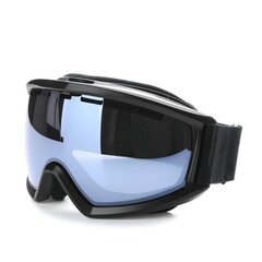Black ski goggles with mirrored lenses and adjustable strap, isolated on white