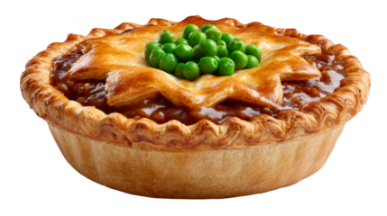 A detailed close up shot of a savory golden crusted pie generously topped with a rich dark sauce and a vibrant scattering of bright green peas creating a delicious meal.