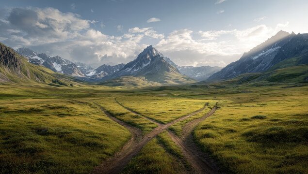 Mountain valley vista; two paths diverge. A scenic alpine meadow with a crossroad of two dirt tracks leading into a majestic mountain range under a partly cloudy sky