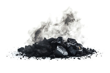 Pile of smoldering coal emitting dark smoke against a white background