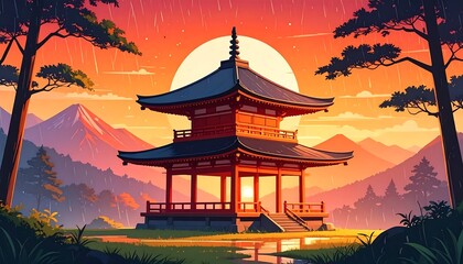 Colorful depiction of a traditional japanese pagoda at sunset.
