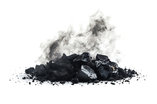 Pile of smoldering coal emitting dark smoke against a white background - Powered by Adobe