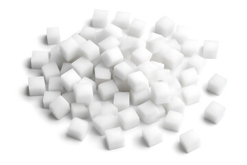 Pile of white sugar cubes on a white background