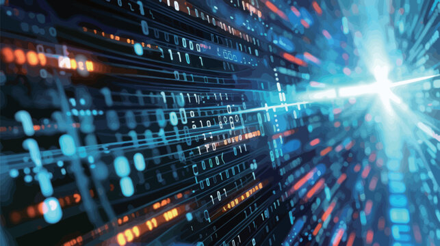 A computer screen with a blue background and orange and red lines. The lines are made up of binary code, which is the language of computers. Concept of technology and the digital world