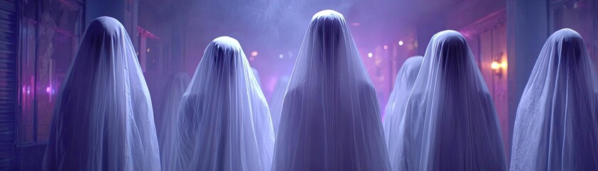 Ghost hug beyond the embrace concept. Mysterious figures in veils evoke an ethereal ambiance.