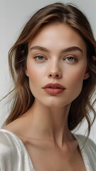 Naklejka premium Elegant portrait of a beautiful young woman with captivating eyes, soft skin, and a gentle smile, embodying natural beauty and poise, perfect for fashion and beauty concepts