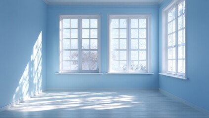 Obraz premium Empty light-filled room with blue walls and white trim, windows, and floor. Sunlight casts shadows