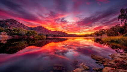 Fiery sunset reflecting on calm lake, mountains background, nature scene, tourism postcard
