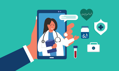 Online doctor's consultation on a smartphone. female doctor on a smartphone. Online medicine concept. Hand holds the smartphone