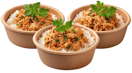 Three delicious bowls of perfectly cooked chicken and rice generously garnished with fresh green parsley creating a savory and wholesome culinary presentation.