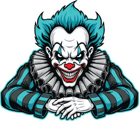 A menacing illustration of an evil clown with spiky blue hair, a sinister grin, and a ruffled collar.