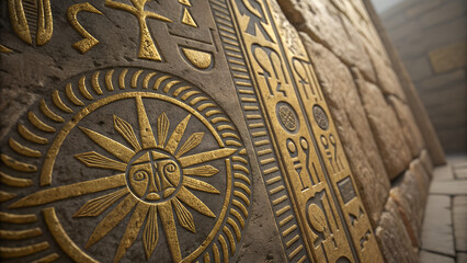 Obraz premium Close Up of Intricate Ancient Stone Carving with Gold Accents