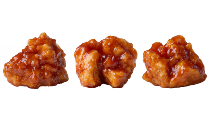 A close up culinary photograph showcasing three perfectly cooked pieces of chicken glistening under a savory and tangy sauce presented as a delectable and hearty main course.