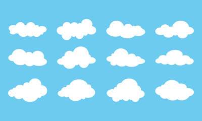 Collection of flat white clouds set on blue background. Vector set of cartoon flat illustration. Cloud