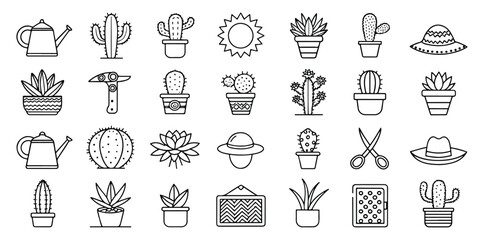 Minimalist Line Art Vector Illustration of Cacti Succulents Gardening Tools and Decorative Items for DIY Crafts and Home Decor Projects