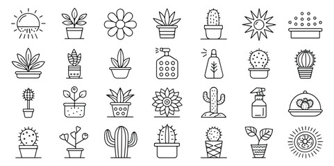 Line Art of Various Houseplants and Gardening Tools Perfect for Icons and Graphic Designs Related to Home Decor and Gardening
