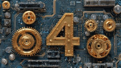 Gold metallic 4 overlaid on a circuit board with intricate gears