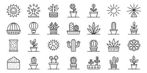 Collection of minimalist plant icons vector illustration showcasing indoor greenery and botanical elements for design projects and creative endeavors