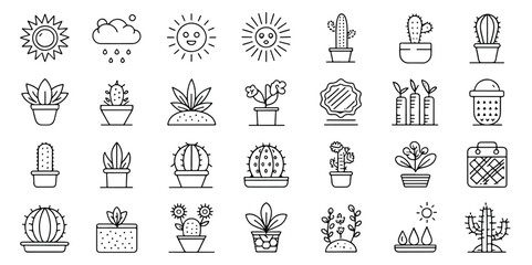 Collection of Minimalist Vector Icons Representing Diverse Plants and Weather Elements in Clean Black and White Style