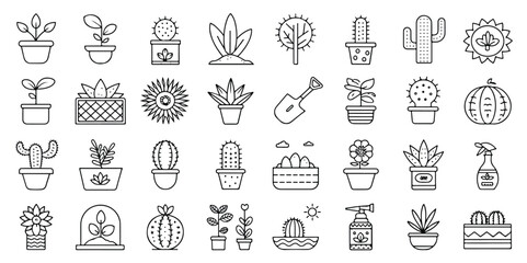 Line art of various plants and gardening tools depicting a diverse collection of botanical elements and horticulture supplies in monochrome style