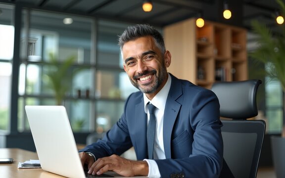 Portrait of mature Indian or Latin business man ceo trader using laptop computer, typing, working in modern office. Middle-age Hispanic smiling handsome businessman entrepreneur looking at camera. - Powered by Adobe