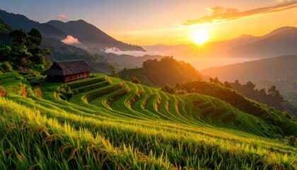 Obraz premium Rice Terraces at Sunrise with Mountain View Golden Hour Scenery.