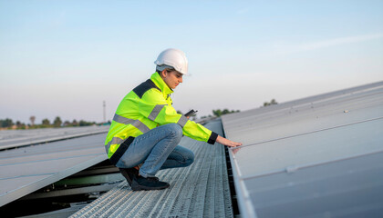 Ingeniero con casco revisando paneles solares bajo el cielo despejado al atardecer