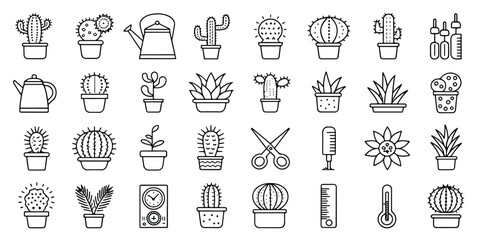 Collection of Black and White Line Art Icons Featuring Various Potted Plants Tools and Instruments Isolated on White Background for Design Purposes