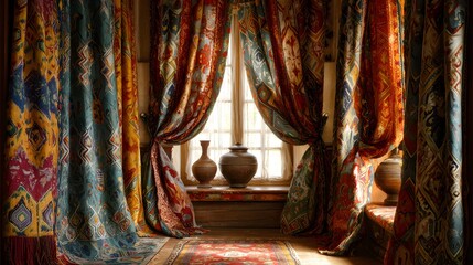43. Ethnic printed curtains in rich fabric arranged in an open window