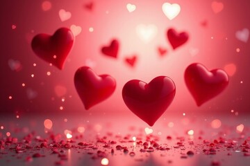 Dazzling red hearts float in romantic glow, perfect for love celebrations