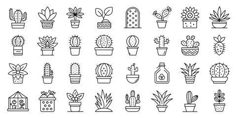 Collection of Various Cactus and Succulent Plants in Pots Line Art Illustration for Graphic Design and Home Decoration Projects