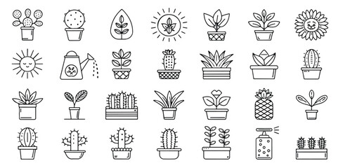 Collection of Black and White Line Art Houseplants and Gardening Tools a Simple Vector Graphics Set for Garden Lovers