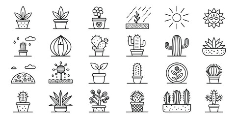 Line Art Collection of Potted Plants and Cacti Ideal for Icon Sets and Botanical Designs