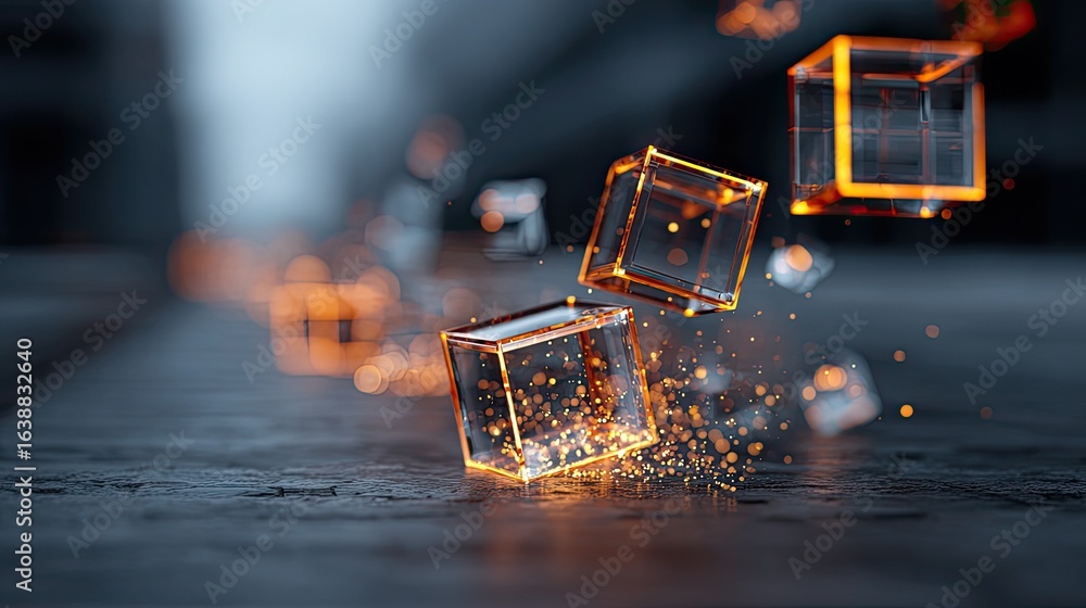 Poster dynamic glowing glass cubes ascend amidst a shower of sparkling golden particles, symbolizing innova