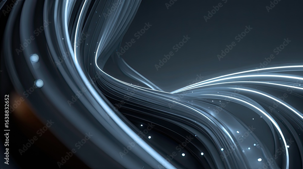 Poster dynamic abstract flowing lines with glowing energy and subtle particles create a modern, sophisticat